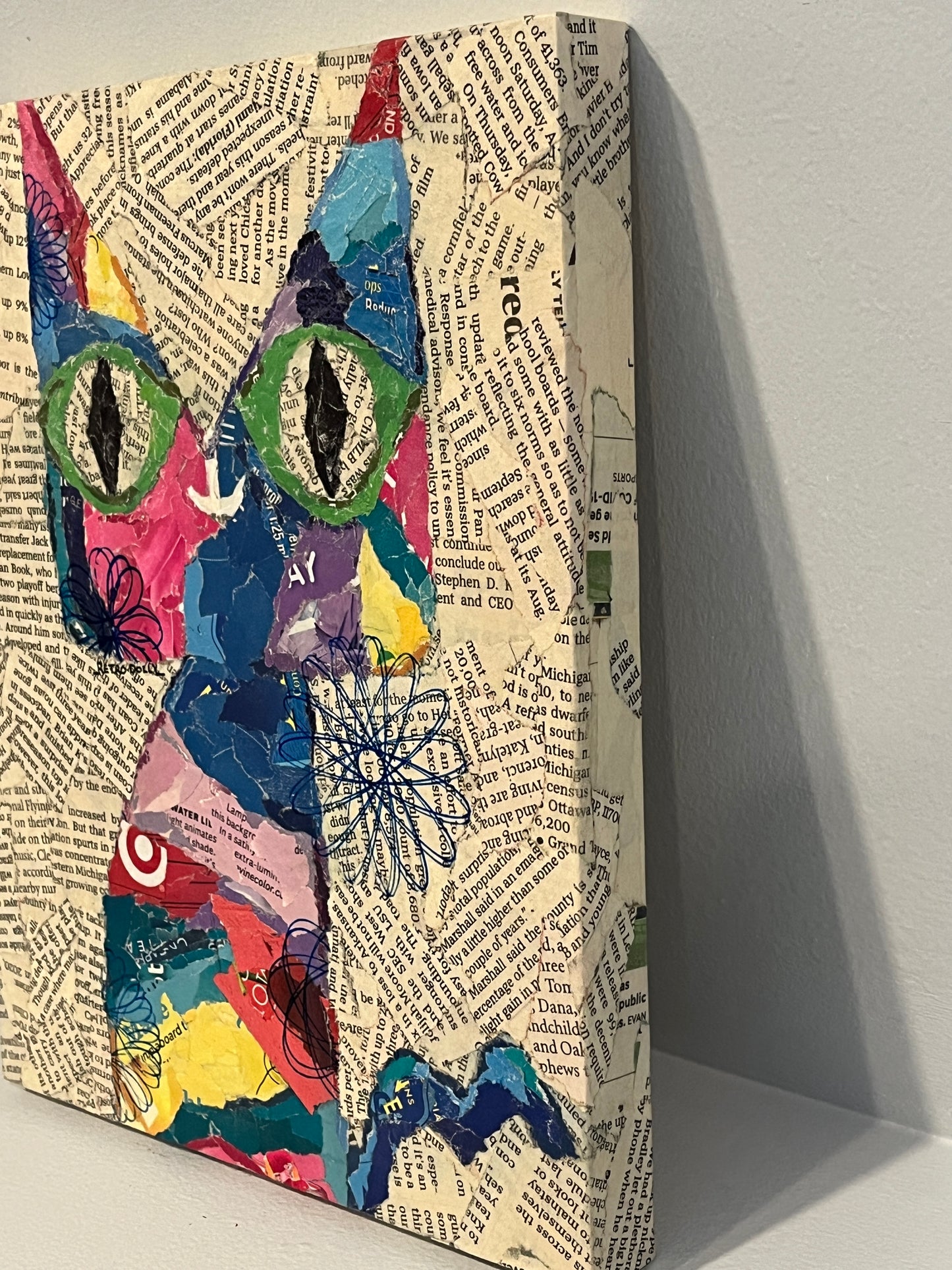 Funky Spiro-Kitty Modern Cat Torn Paper Collage