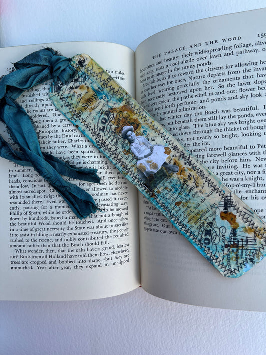 Bookmark handmade beautiful small piece of art, gift, vintage, collage stitched