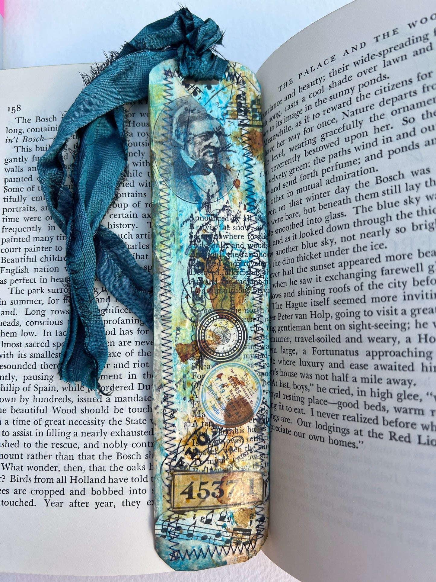 Bookmark handmade beautiful small piece of art, gift, vintage, collage stitched
