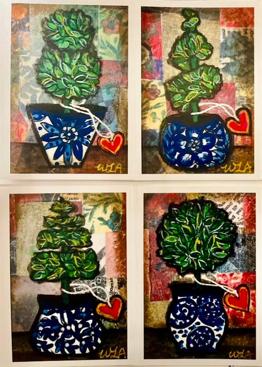 "Topiary" #1.   Set of four assorted designs, 3.5" x 5" Blank notecards with envelopes.