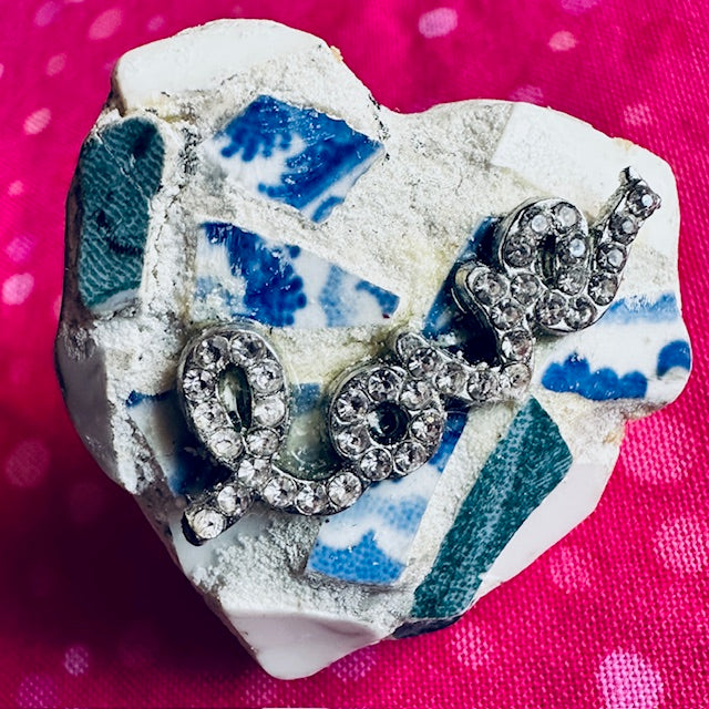 Blue &White Mosaic Heart 2 Inch Pin Rhinestone LOVE for Yourself or Your Valentine, Mom, Birthdays, Gifting