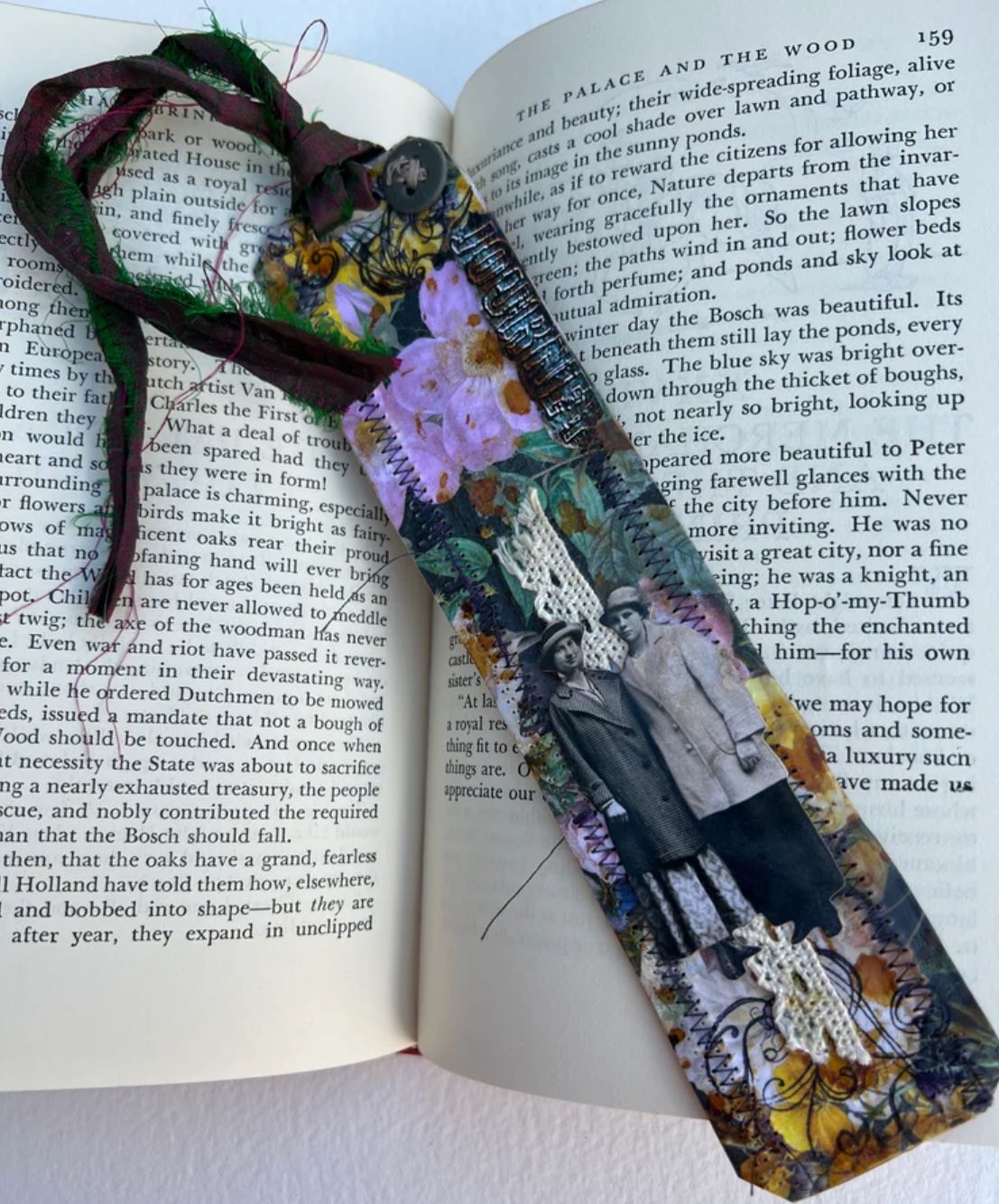 Bookmark handmade beautiful small piece of art, gift, vintage, collage stitched