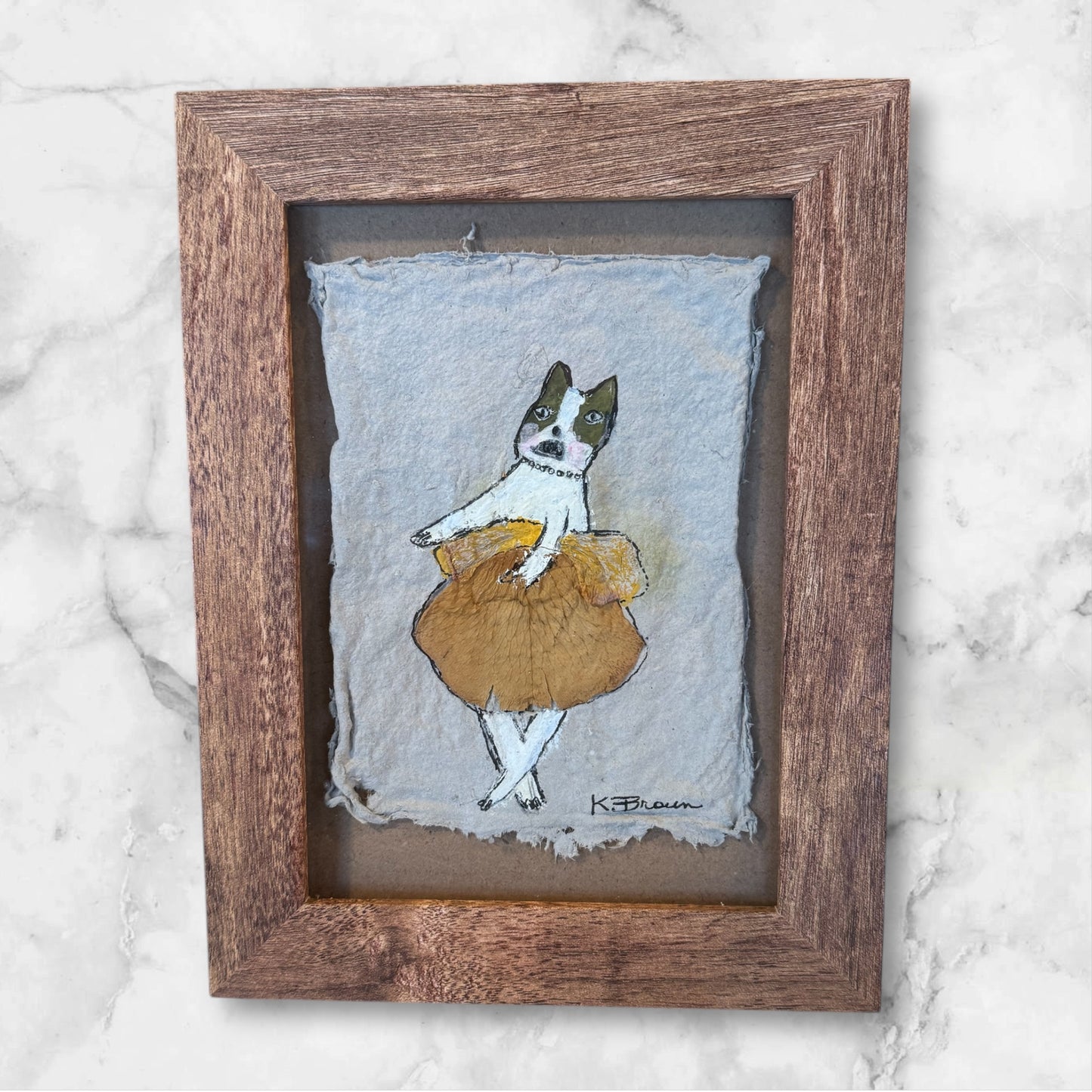 Whimsical Boston Terrier Dog Art – Gouache & Pressed Flower Tutu, Framed Art