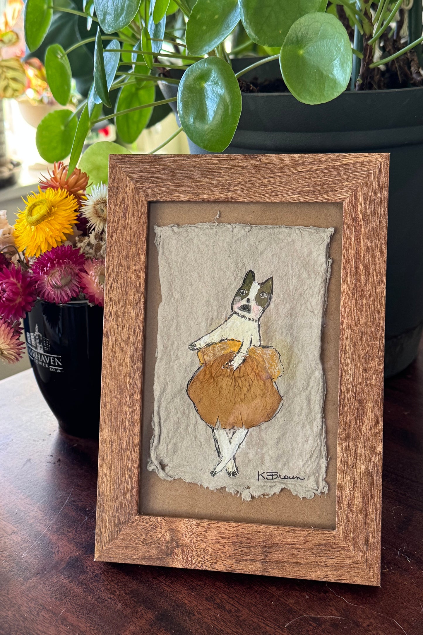 Whimsical Boston Terrier Dog Art – Gouache & Pressed Flower Tutu, Framed Art