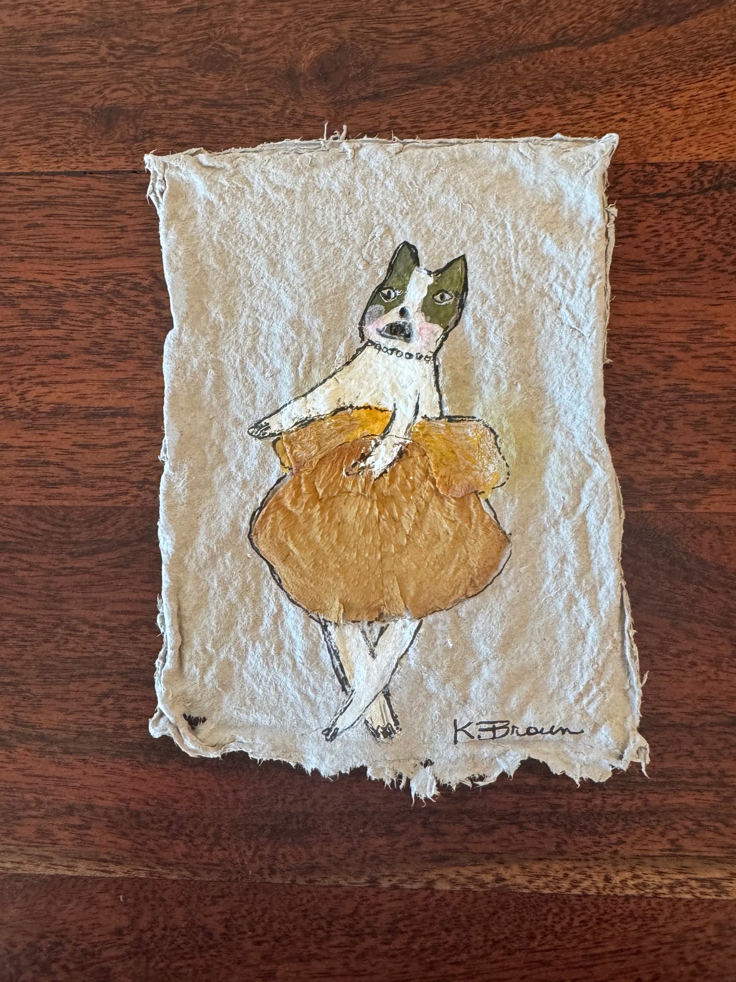 Whimsical Boston Terrier Dog Art – Gouache & Pressed Flower Tutu, Framed Art