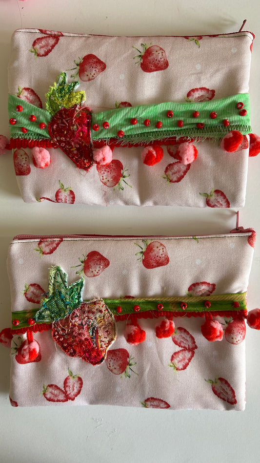 Strawberry Slow Stitched Zipper Pouch