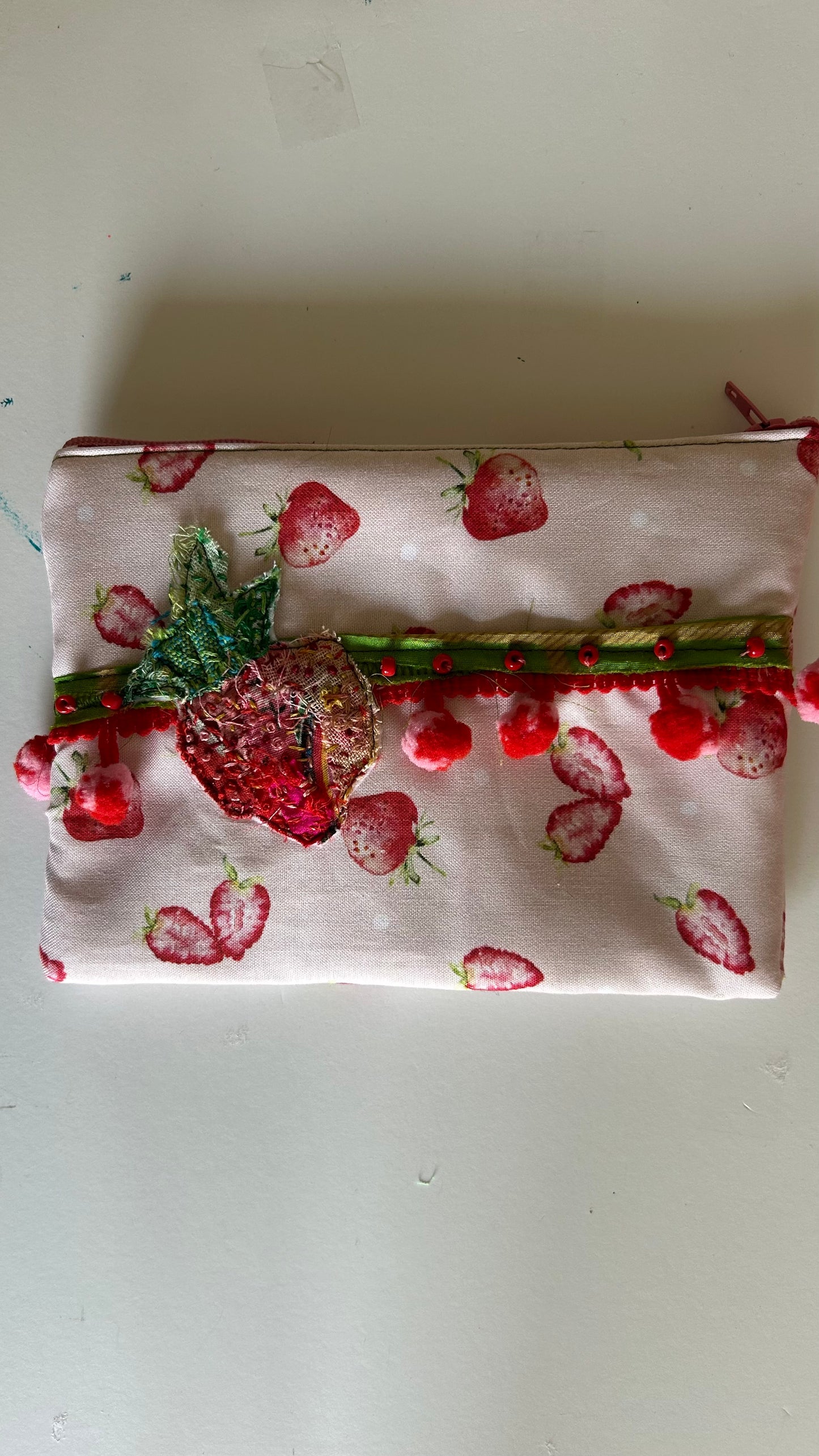 Strawberry Slow Stitched Zipper Pouch