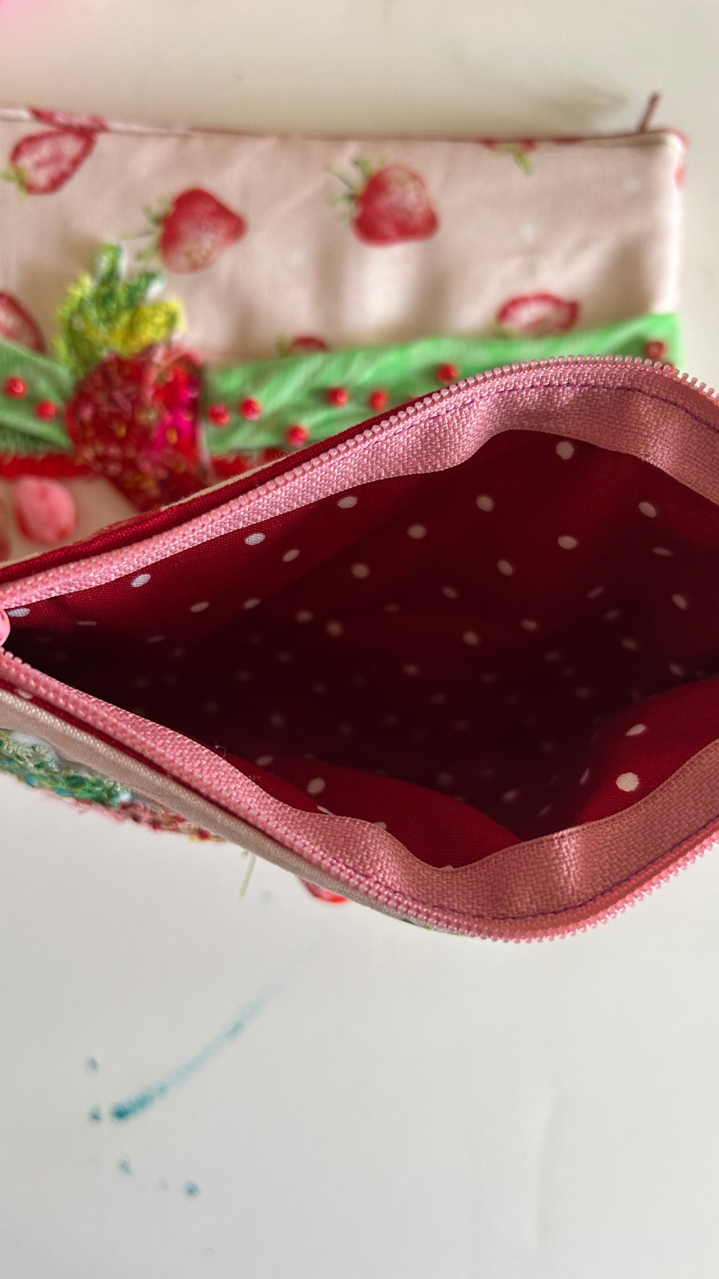 Strawberry Slow Stitched Zipper Pouch