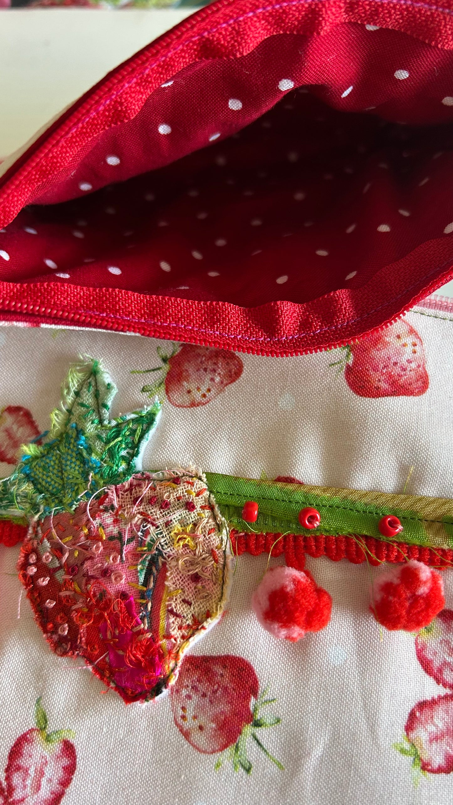 Strawberry Slow Stitched Zipper Pouch