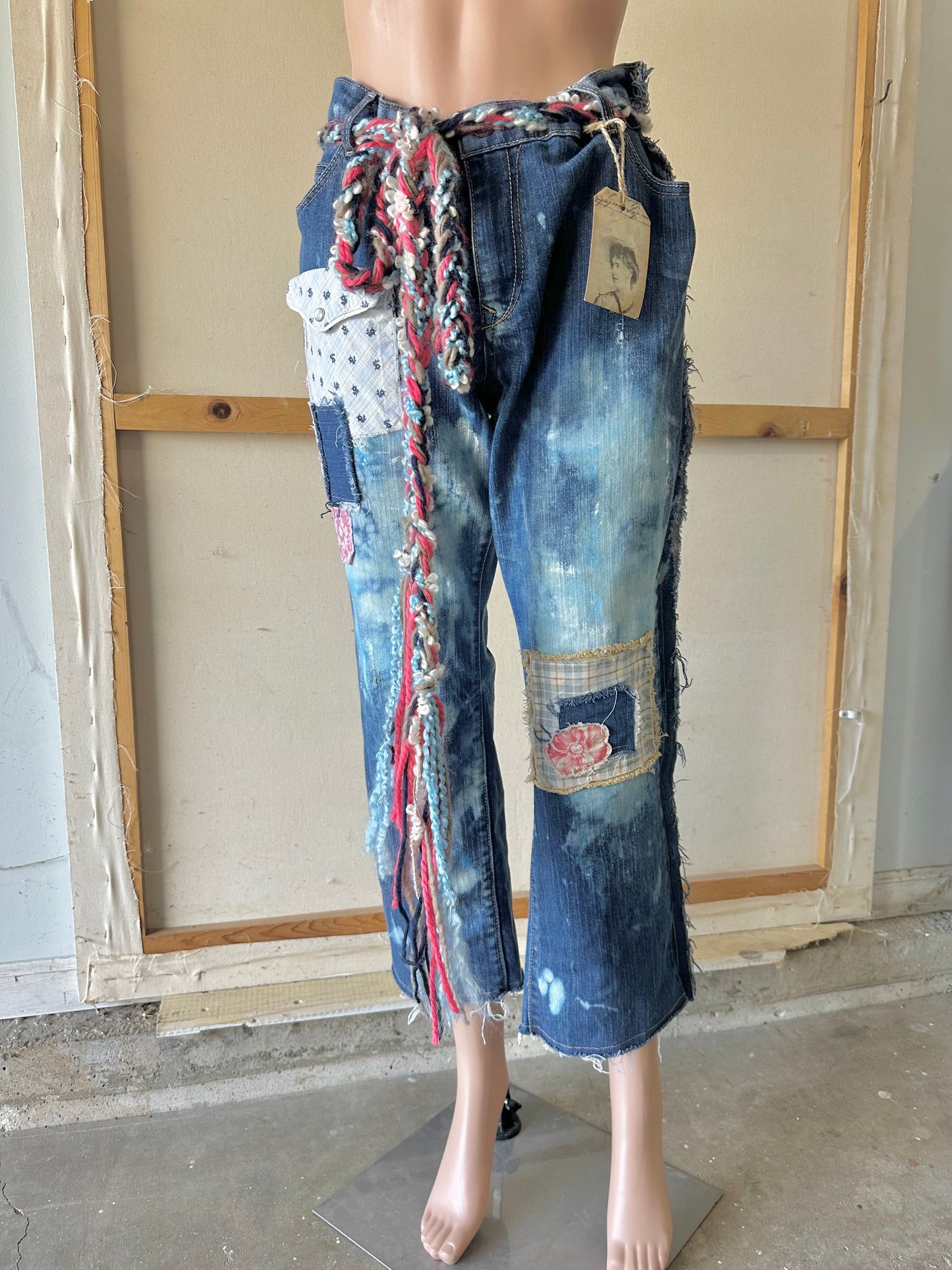 Pink and Blue Patchwork Jeans with braided yarn belt A13