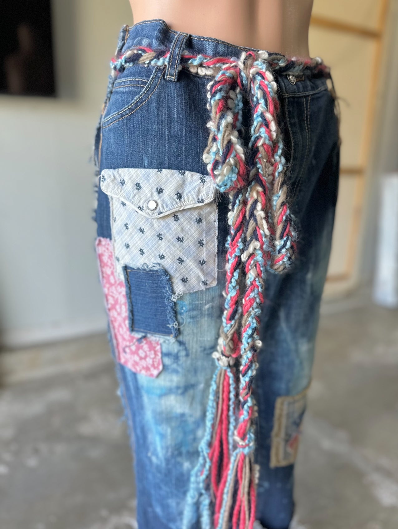 Pink and Blue Patchwork Jeans with braided yarn belt A13