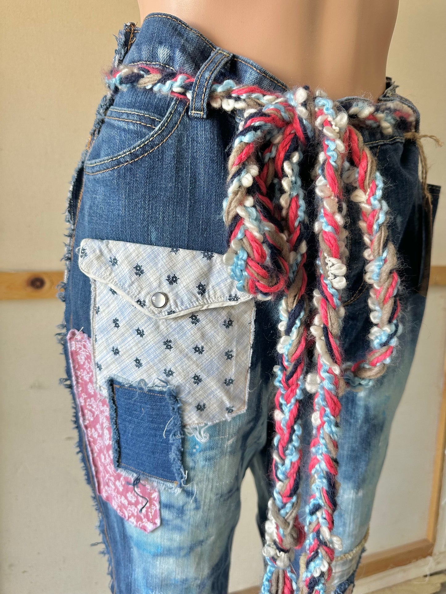 Pink and Blue Patchwork Jeans with braided yarn belt A13