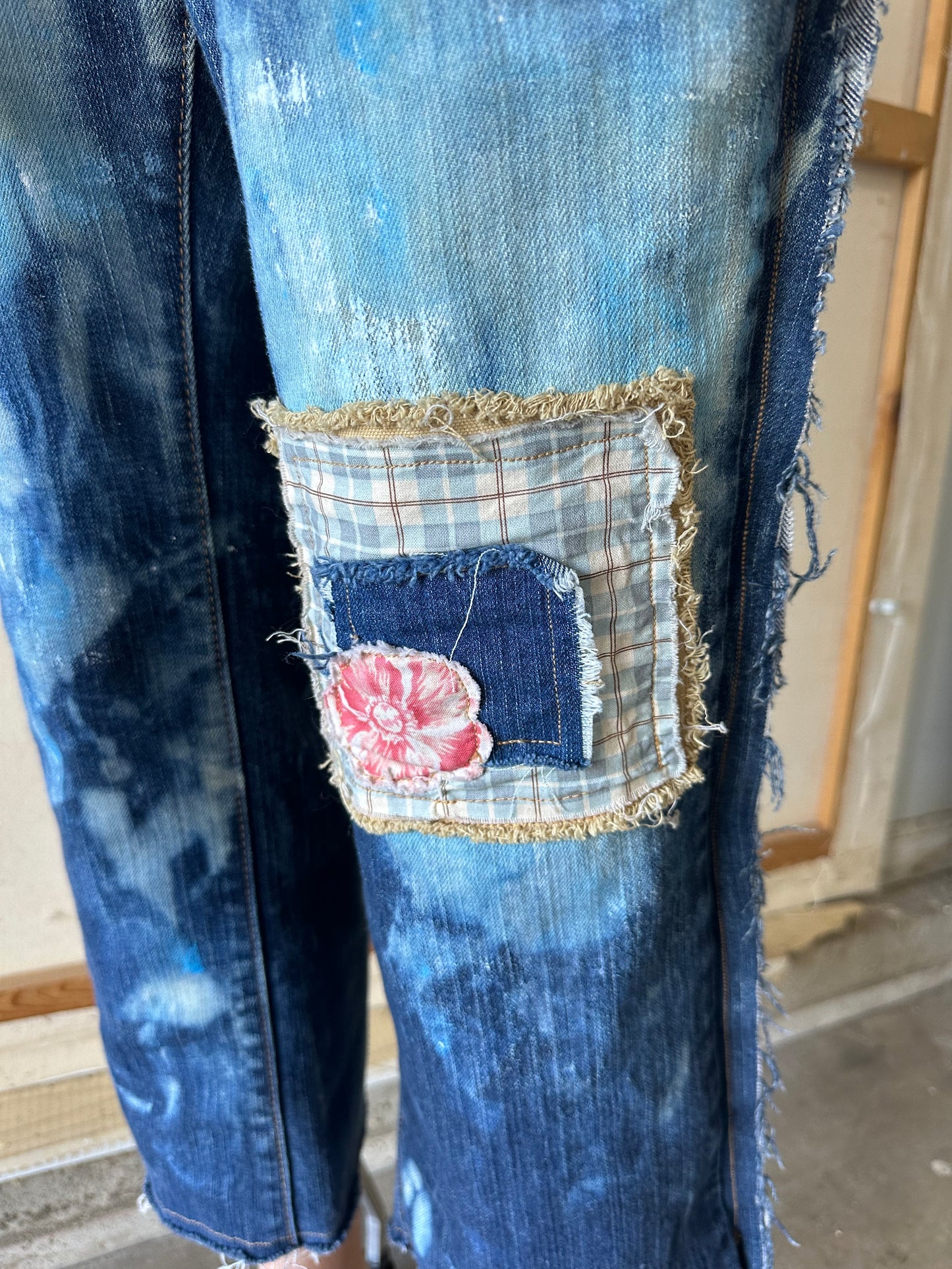 Pink and Blue Patchwork Jeans with braided yarn belt A13