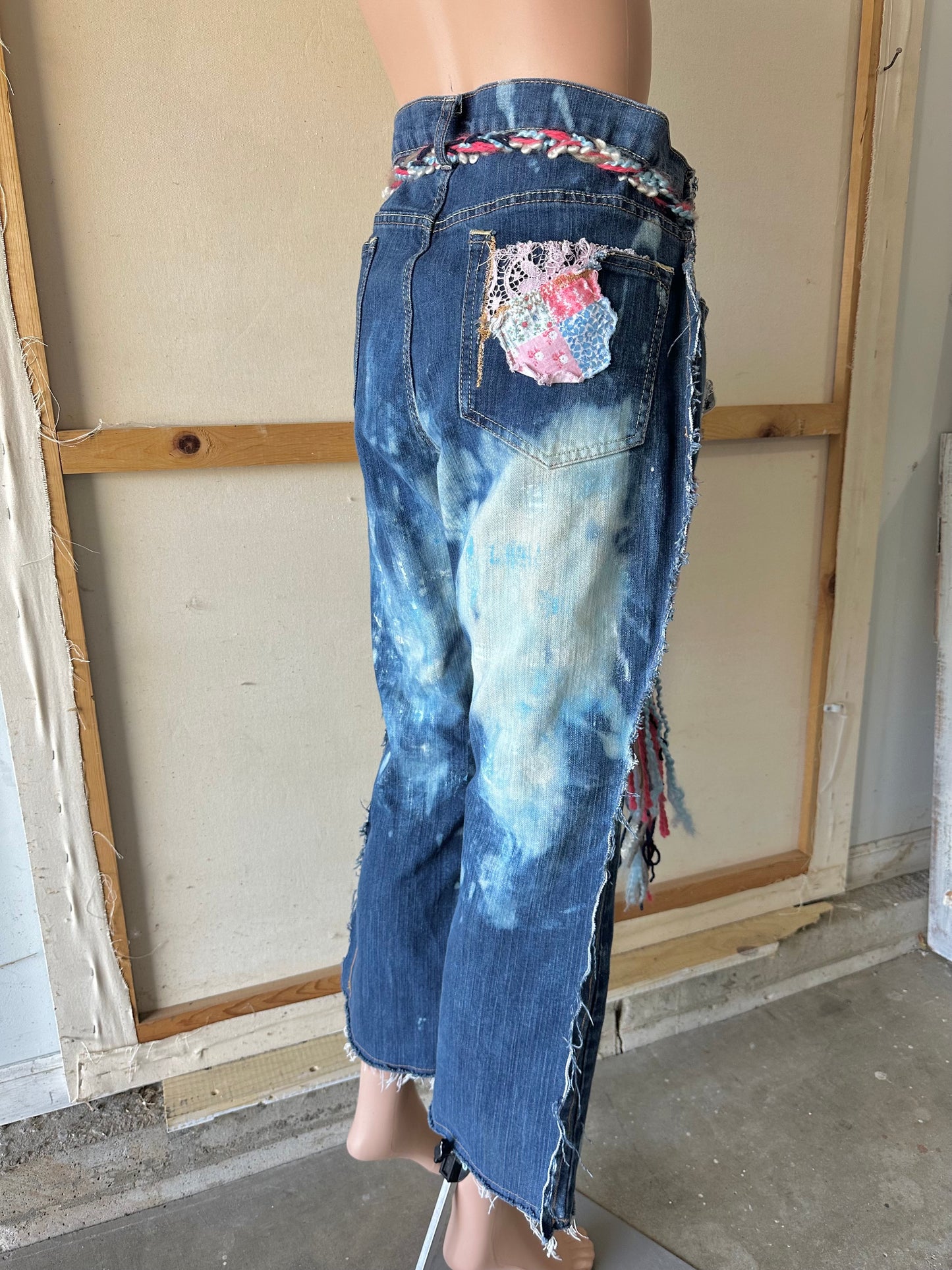 Pink and Blue Patchwork Jeans with braided yarn belt A13