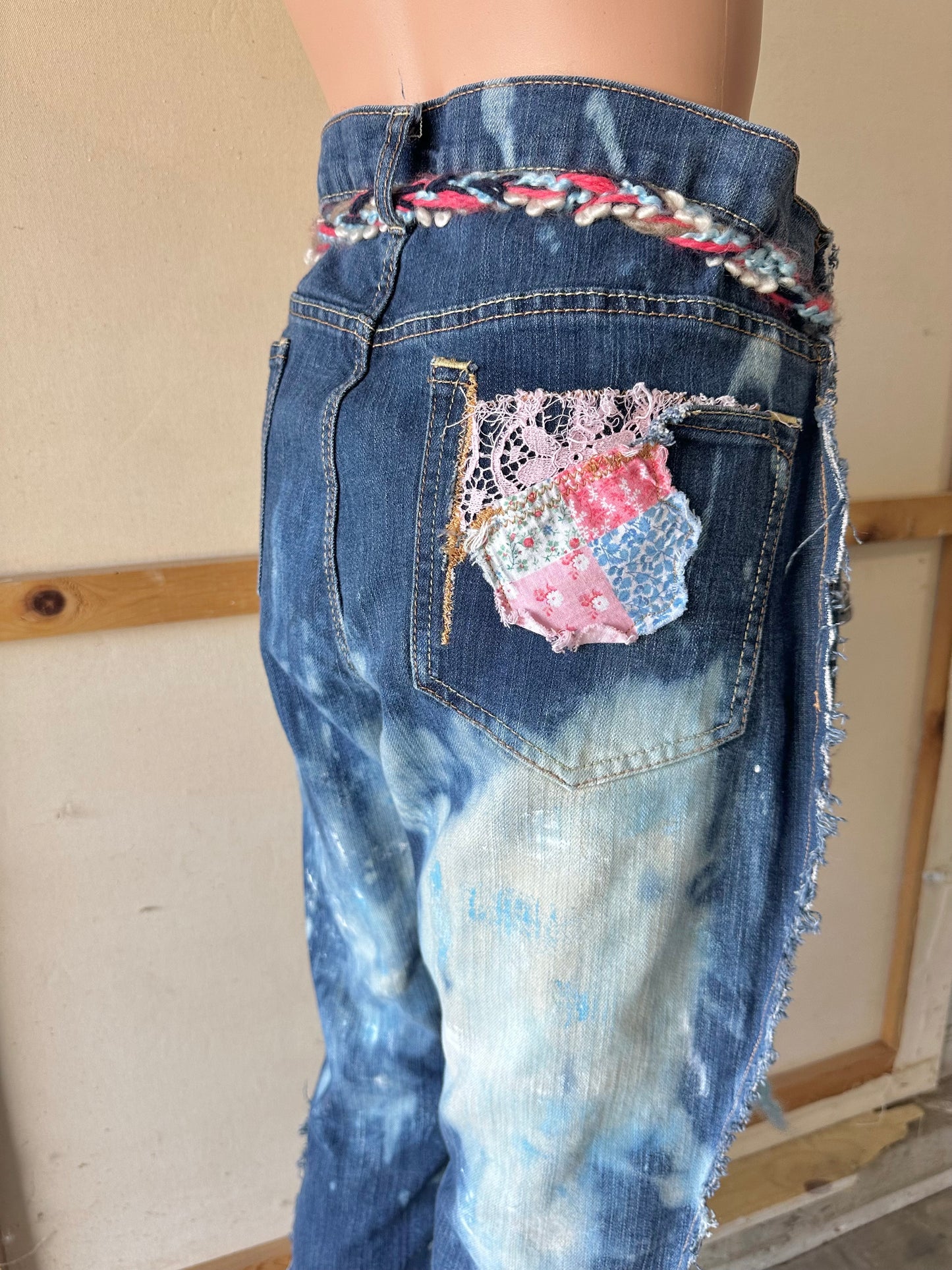 Pink and Blue Patchwork Jeans with braided yarn belt A13