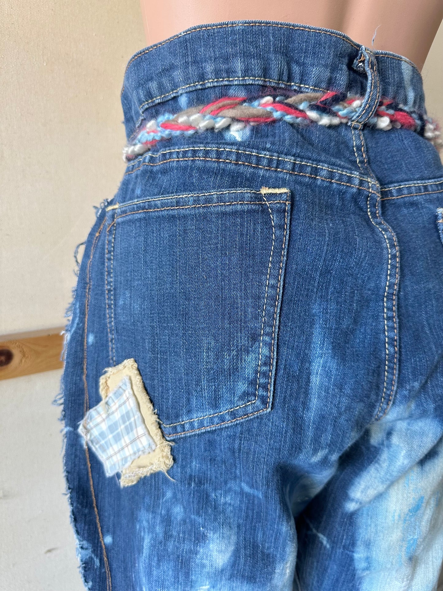Pink and Blue Patchwork Jeans with braided yarn belt A13