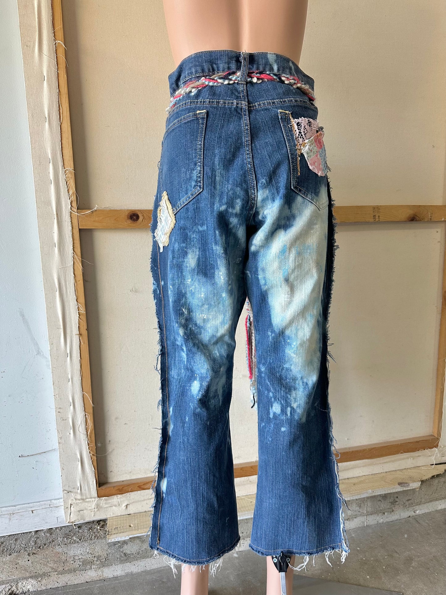 Pink and Blue Patchwork Jeans with braided yarn belt A13