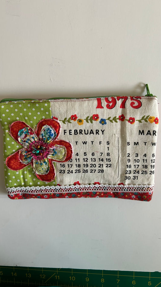 1975 February vintage calendar zipper pouch