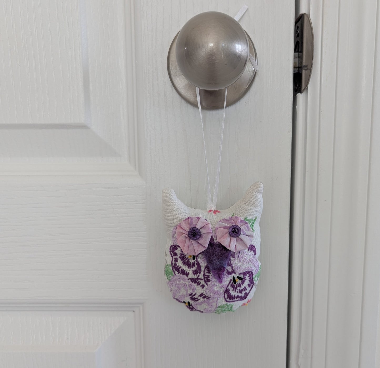 Owl Hanging Ornament from Vintage Embroidered Linen