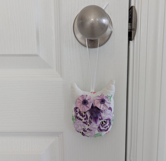 Owl Hanging Ornament from Vintage Embroidered Linen