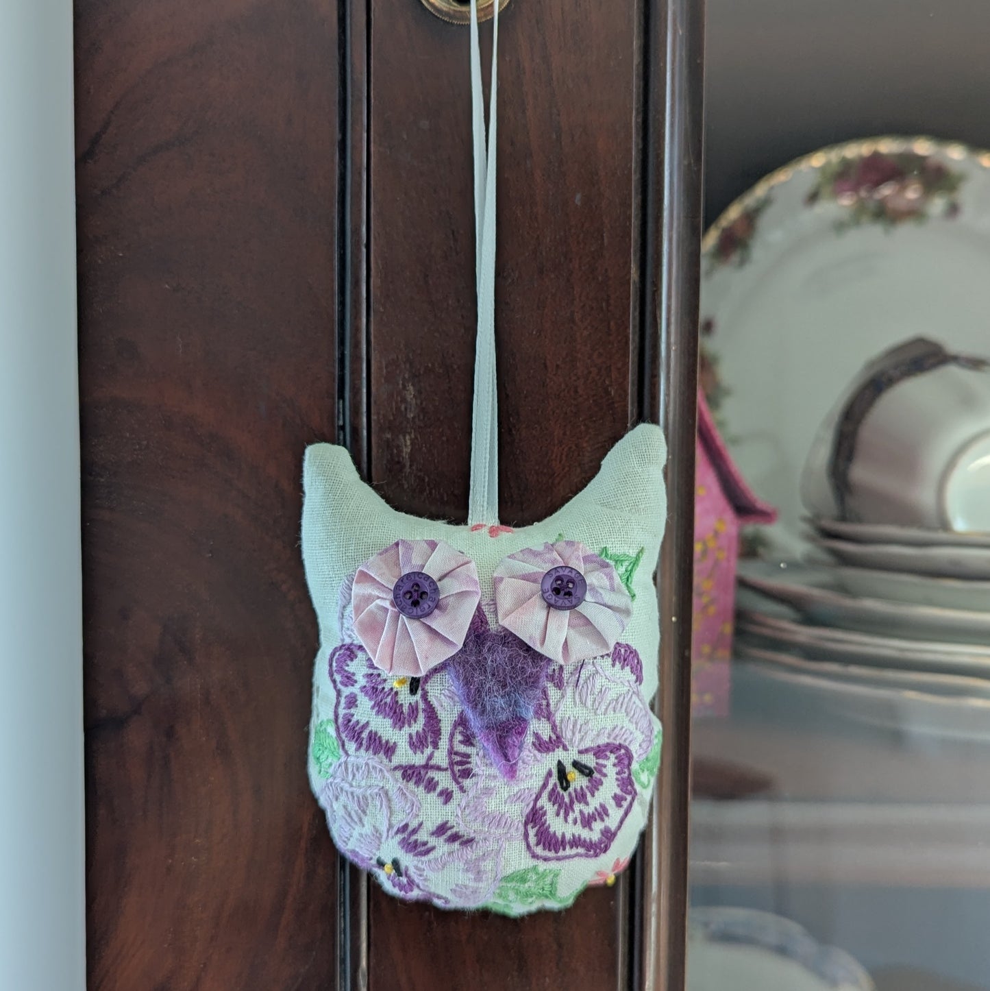 Owl Hanging Ornament from Vintage Embroidered Linen