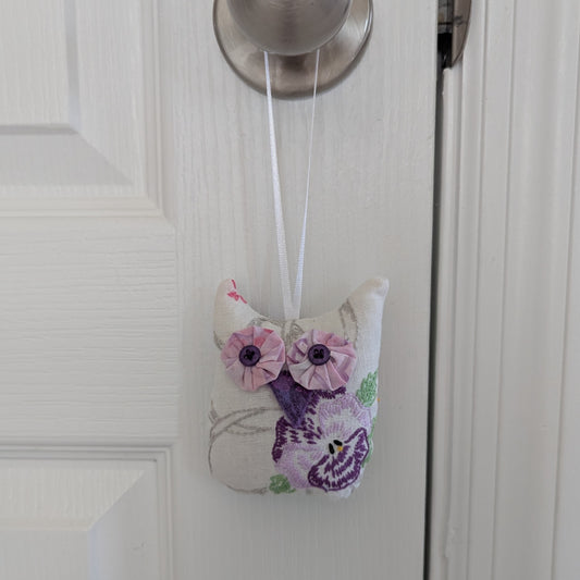 Owl Hanging Ornament created from Vintage Embroidered Linen