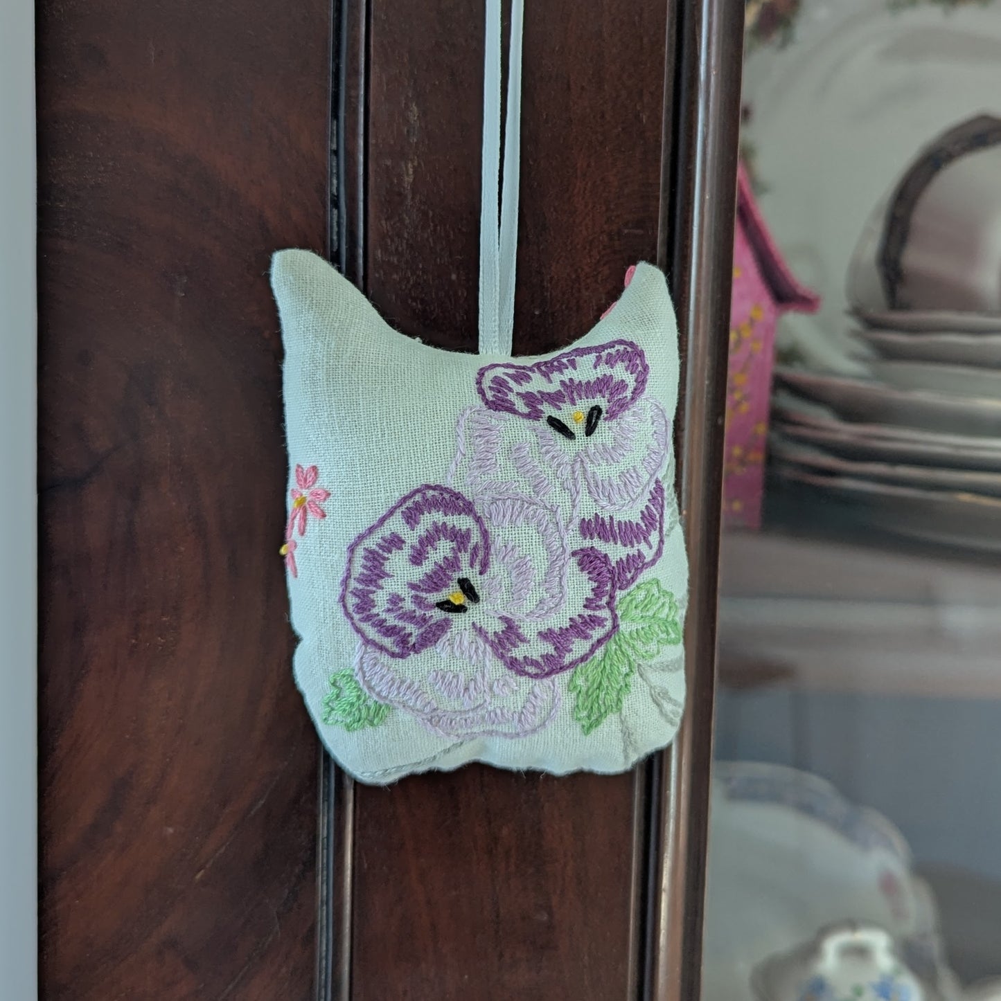 Owl Hanging Ornament created from Vintage Embroidered Linen
