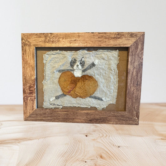 Whimsical Cat Art – Gouache & Pressed Flower Tutu, Framed Art