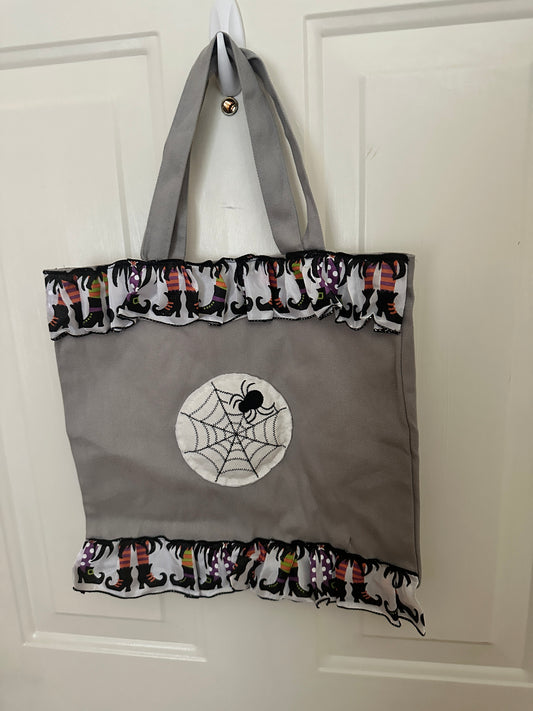 Gray Canvas Halloween Tote Puffy Spider with Witch Legs Ribbon Trim