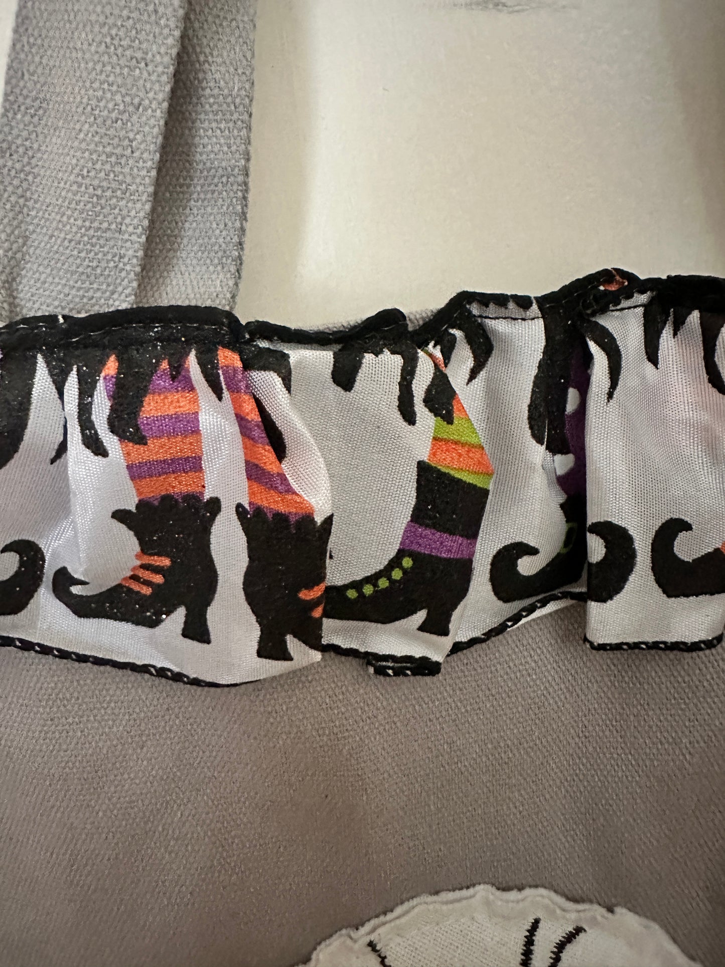 Gray Canvas Halloween Tote Puffy Spider with Witch Legs Ribbon Trim