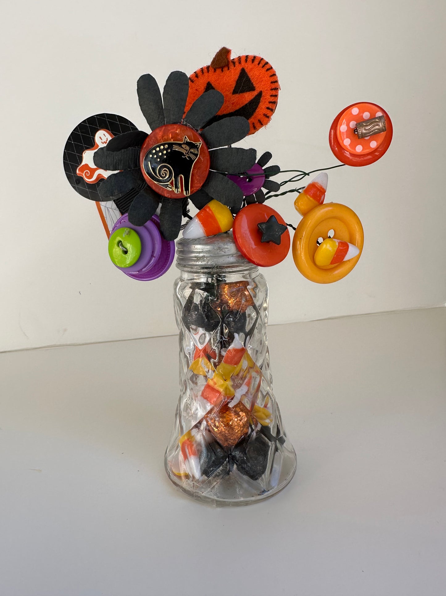 Spooky Cloisonné Black Cat Button Bouquet Ghost Pumpkin Candy Corn in Salt Shaker Vase