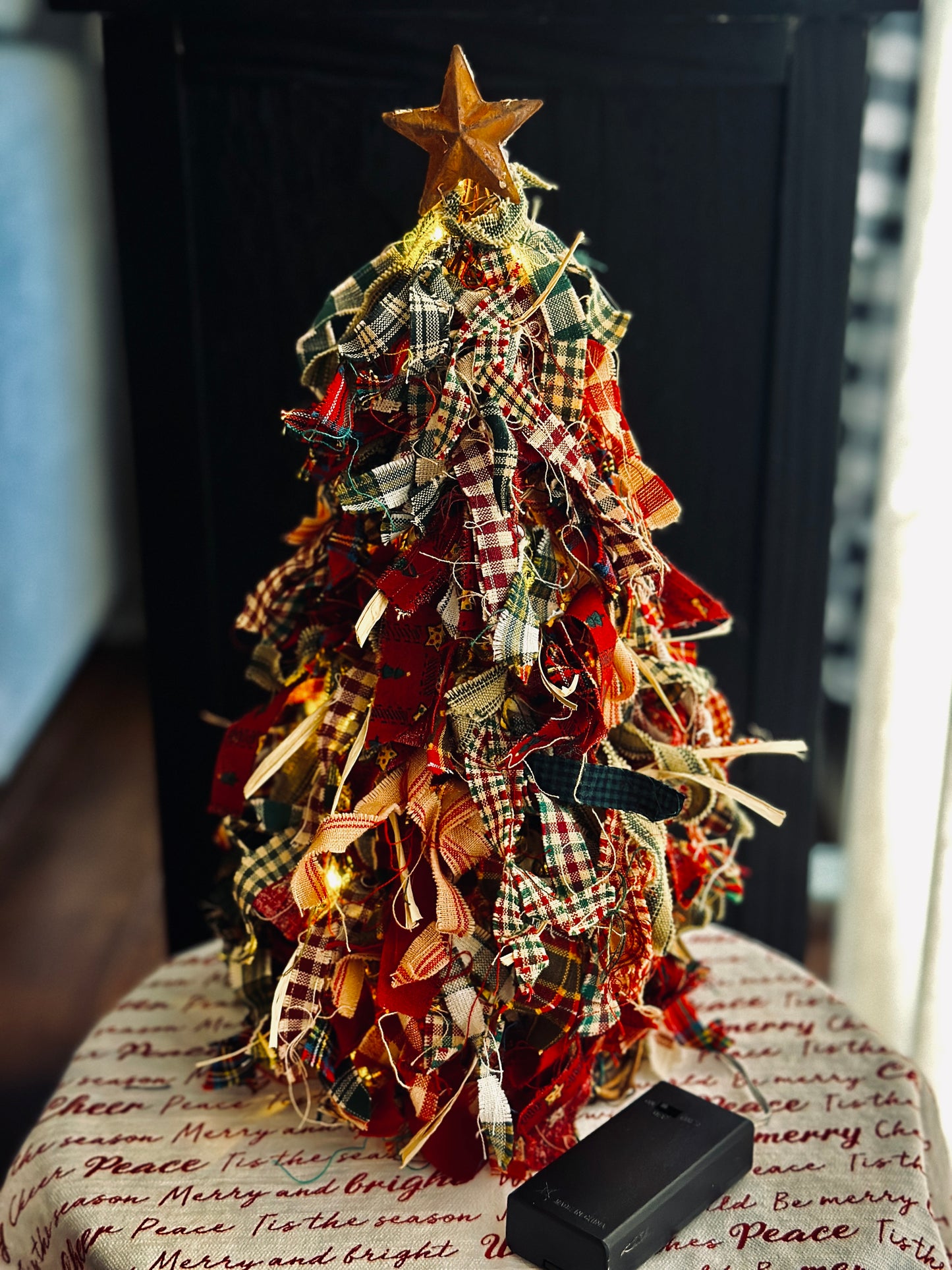 Scrappy Lighted Homespun and Christmas Fabric Tree with Rusty Star Topper