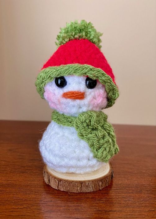 Tiny Crocheted Snowman with Pom Pom Hat and Scarf