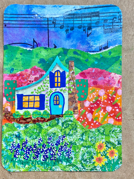 Retirement Dream ATC/ACEO #2 of 10 mixed media collage cottage landscape wildflowers