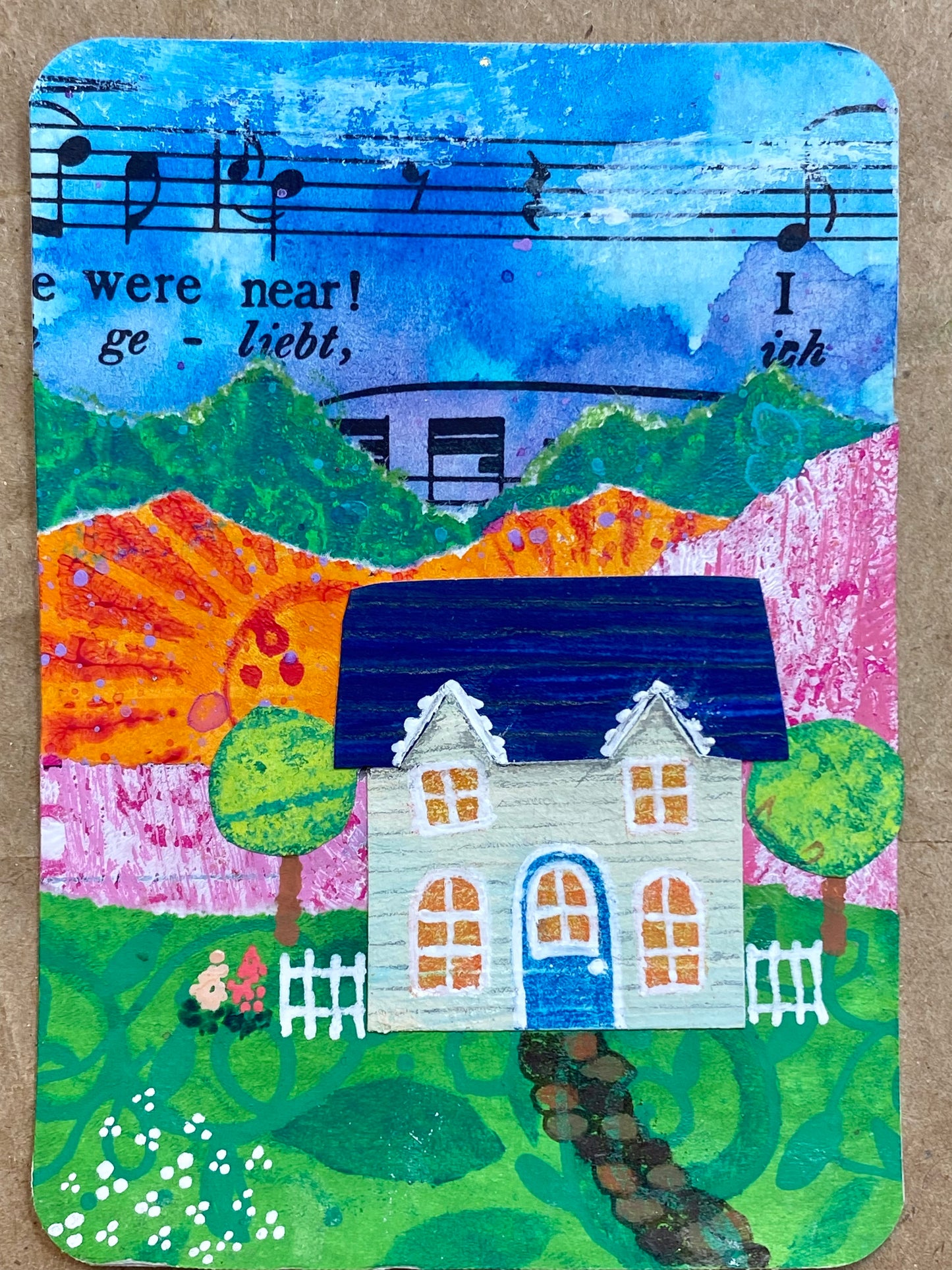 Retirement Dream ATC/ACEO #3 of 10 mixed media collage cottage landscape wildflowers