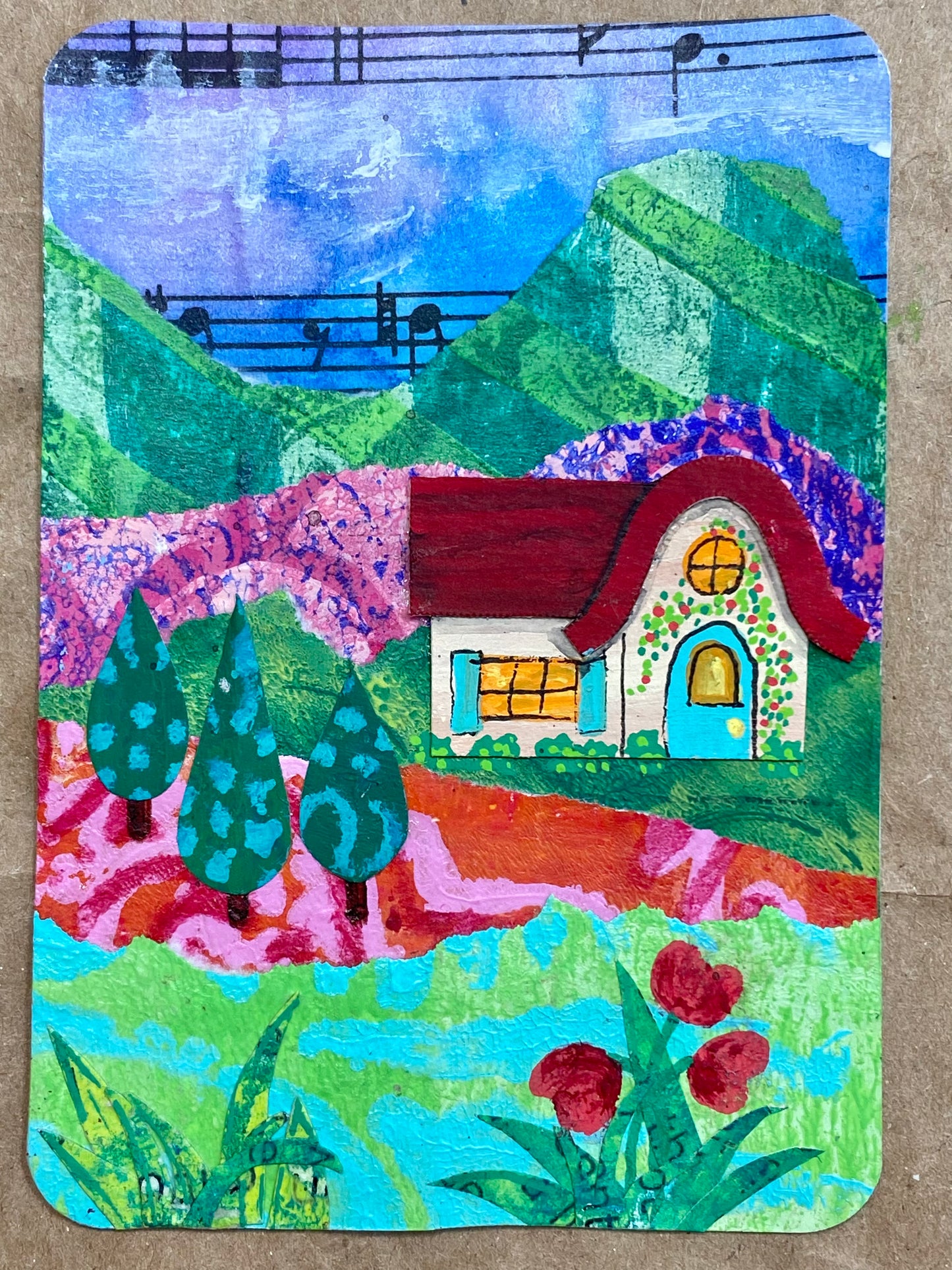 Retirement Dream ATC/ACEO #4 of 10, mixed media collage cottage landscape wildflowers