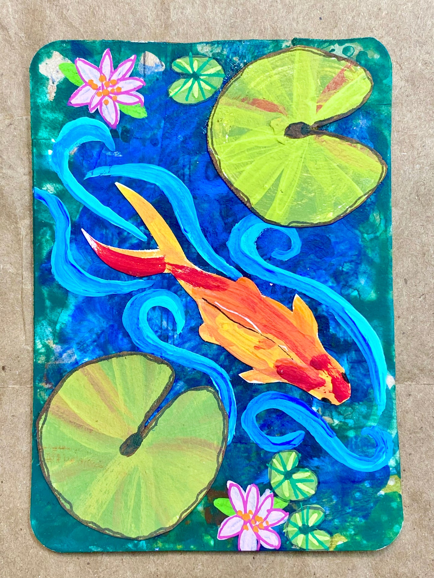 Koi Pond ATC/ACEO #7 of 10 hand-painted mixed media collage koi pond