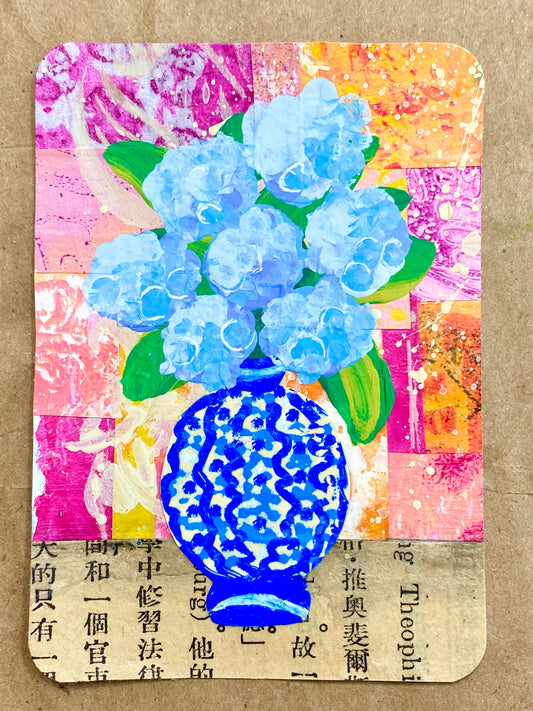 Chinoiserie Vase with Hydrangeas ATC/ACEO #9 of 10 hand-painted chinoiserie vase hydrangea mixed media collage