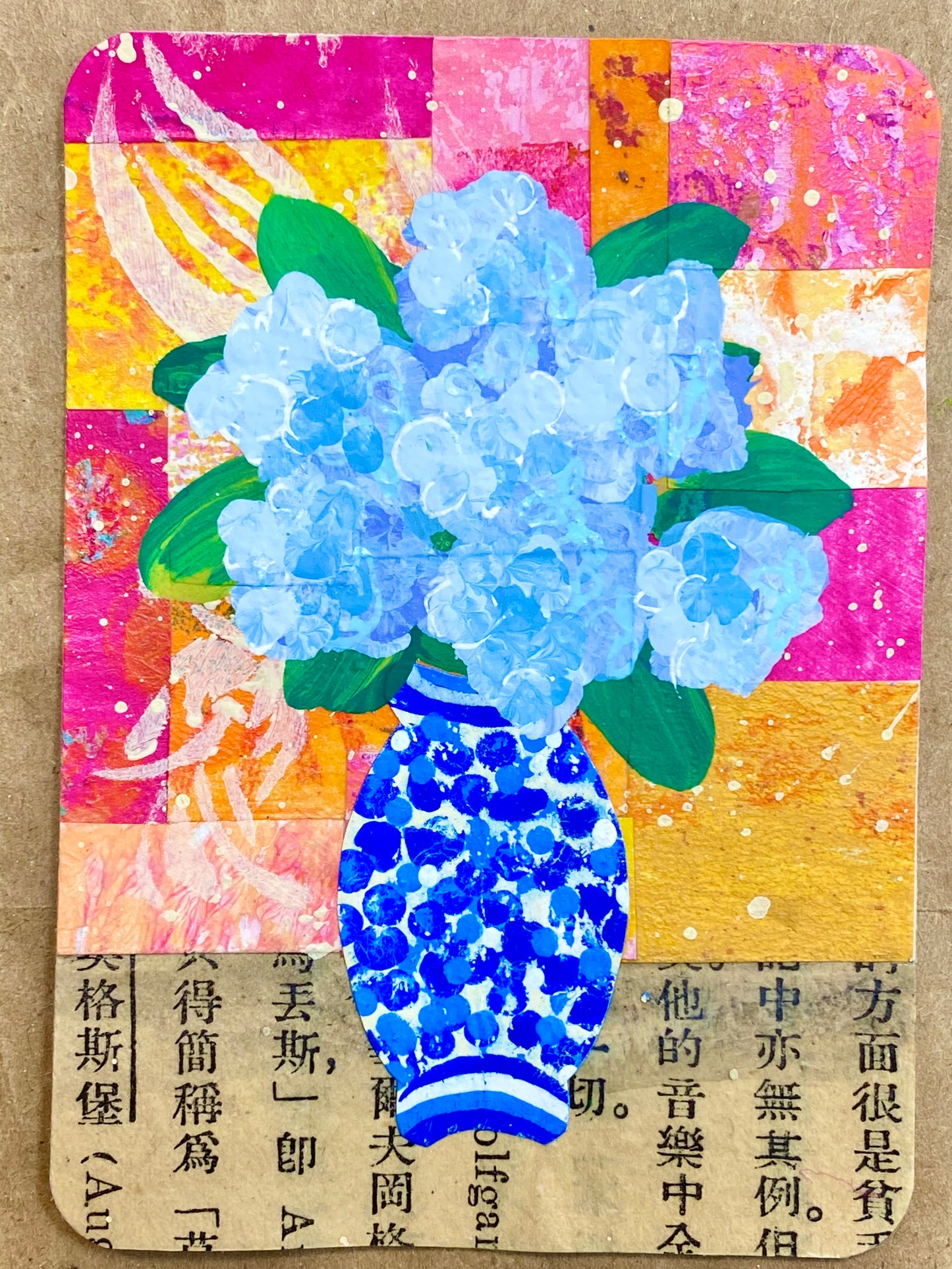 Chinoiserie Vase with Hydrangeas ATC/ACEO #10 of 10 hand-painted chinoiserie vase hydrangea mixed media collage