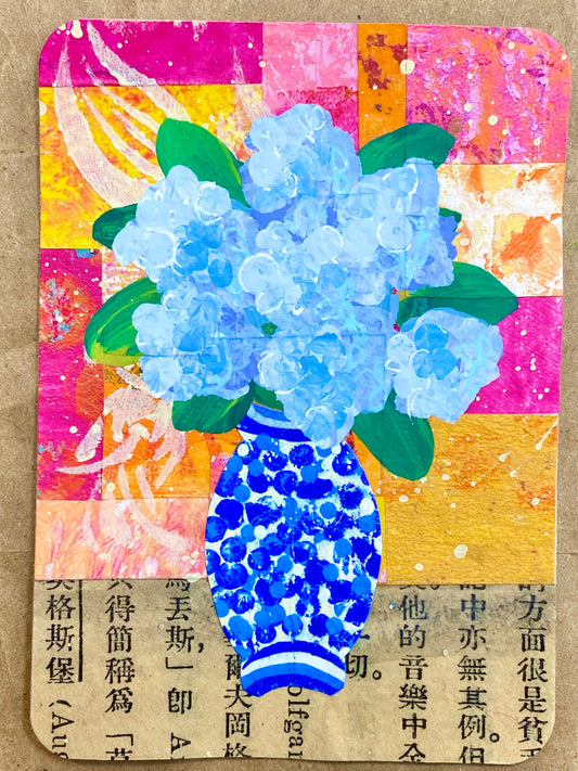 Chinoiserie Vase with Hydrangeas ATC/ACEO #10 of 10 hand-painted chinoiserie vase hydrangea mixed media collage