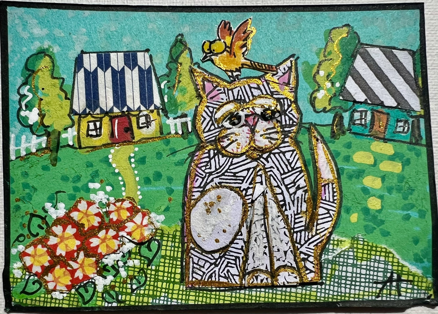 Whimsical Calico Cat and Bird ATC OOAC Hand painted