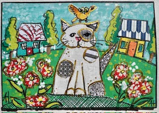 Whimsical White Cat and Yellow Canary Bird ATC OOAC Hand painted