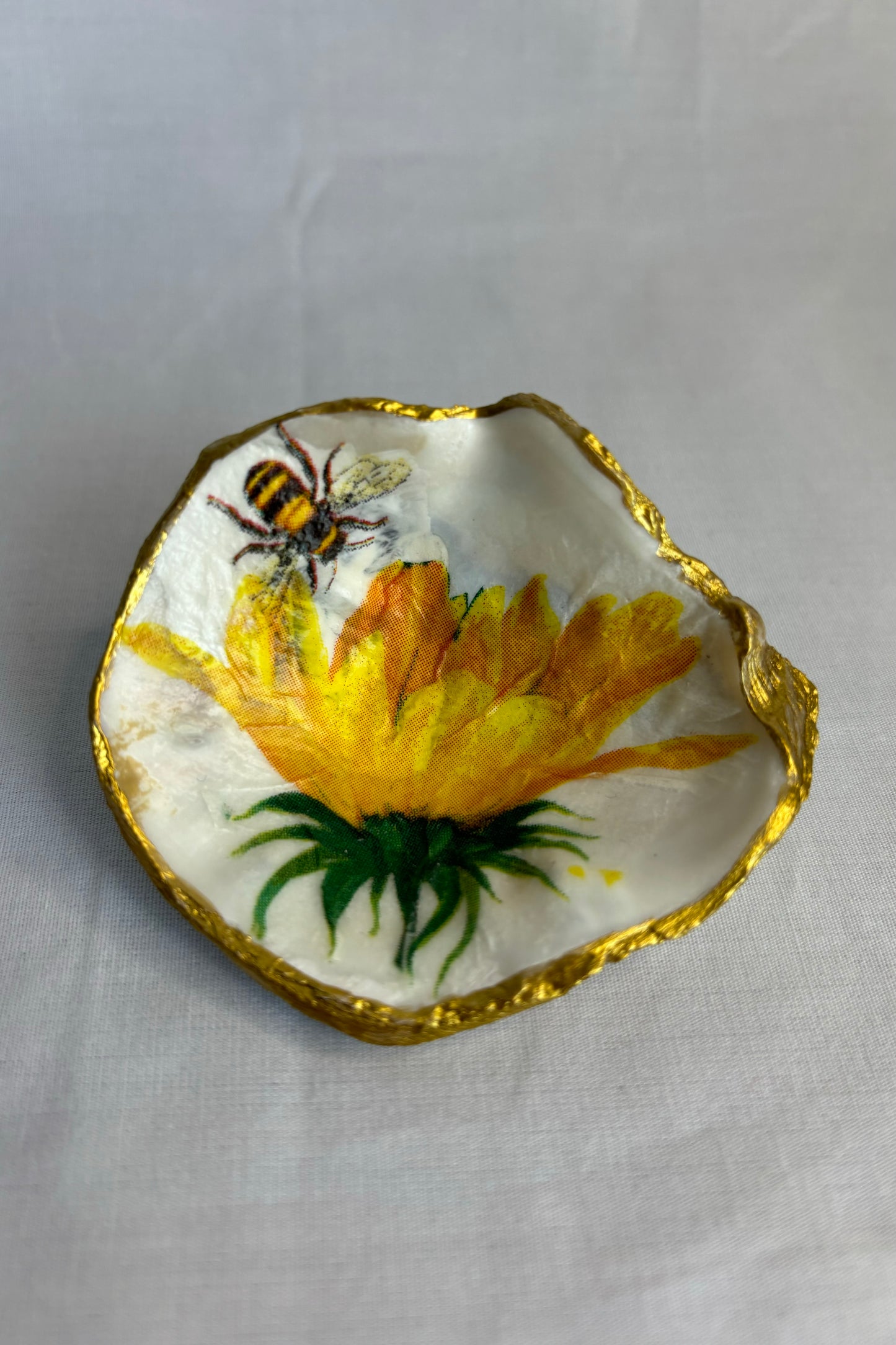 Decoupaged Oyster Shell Yellow Flower with Bee