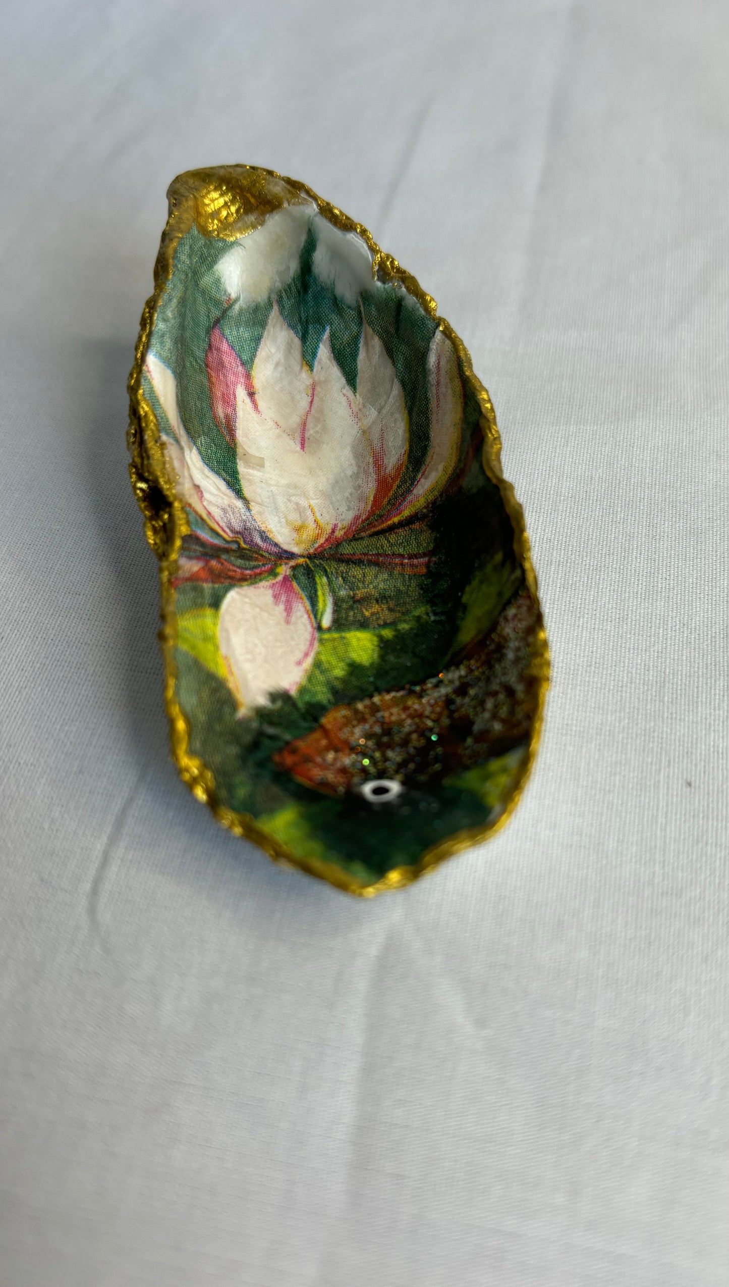 Decoupaged Oyster Shell Water Lily with Fish