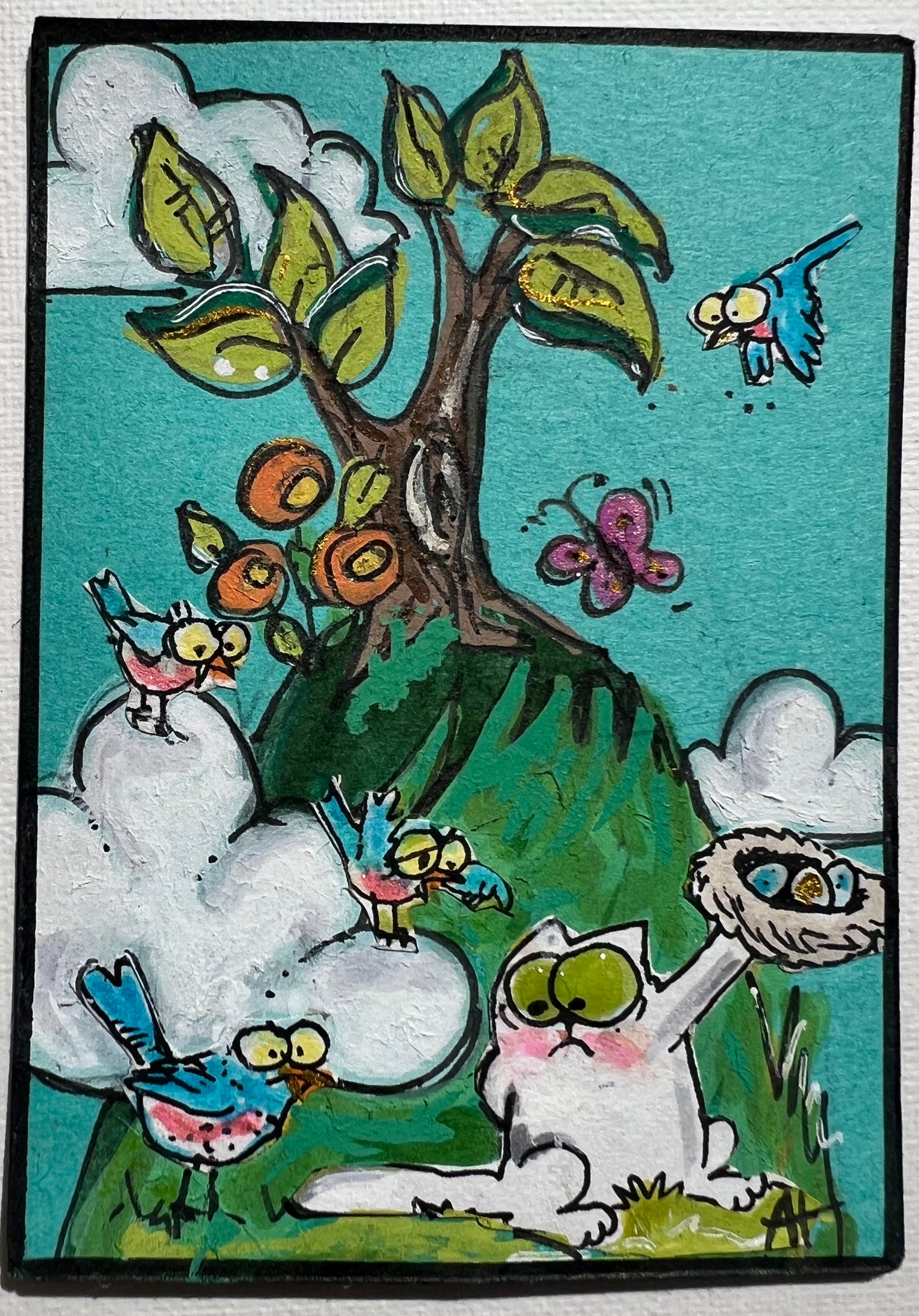 Whimsical Simon the Cat and Birds ATC OOAC Hand painted and Fussy Cut