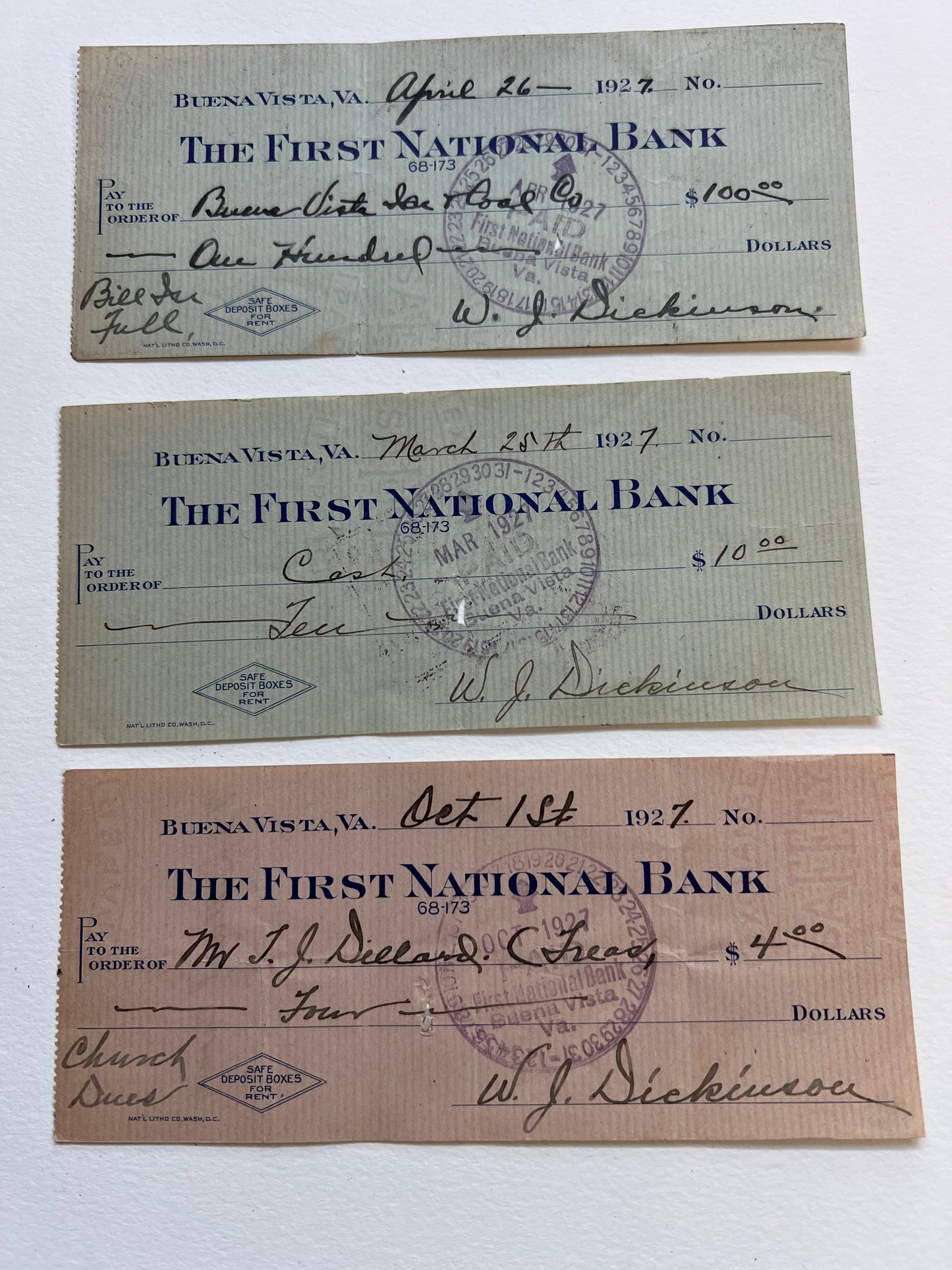 Vintage Bank Checks (3) from 1920's