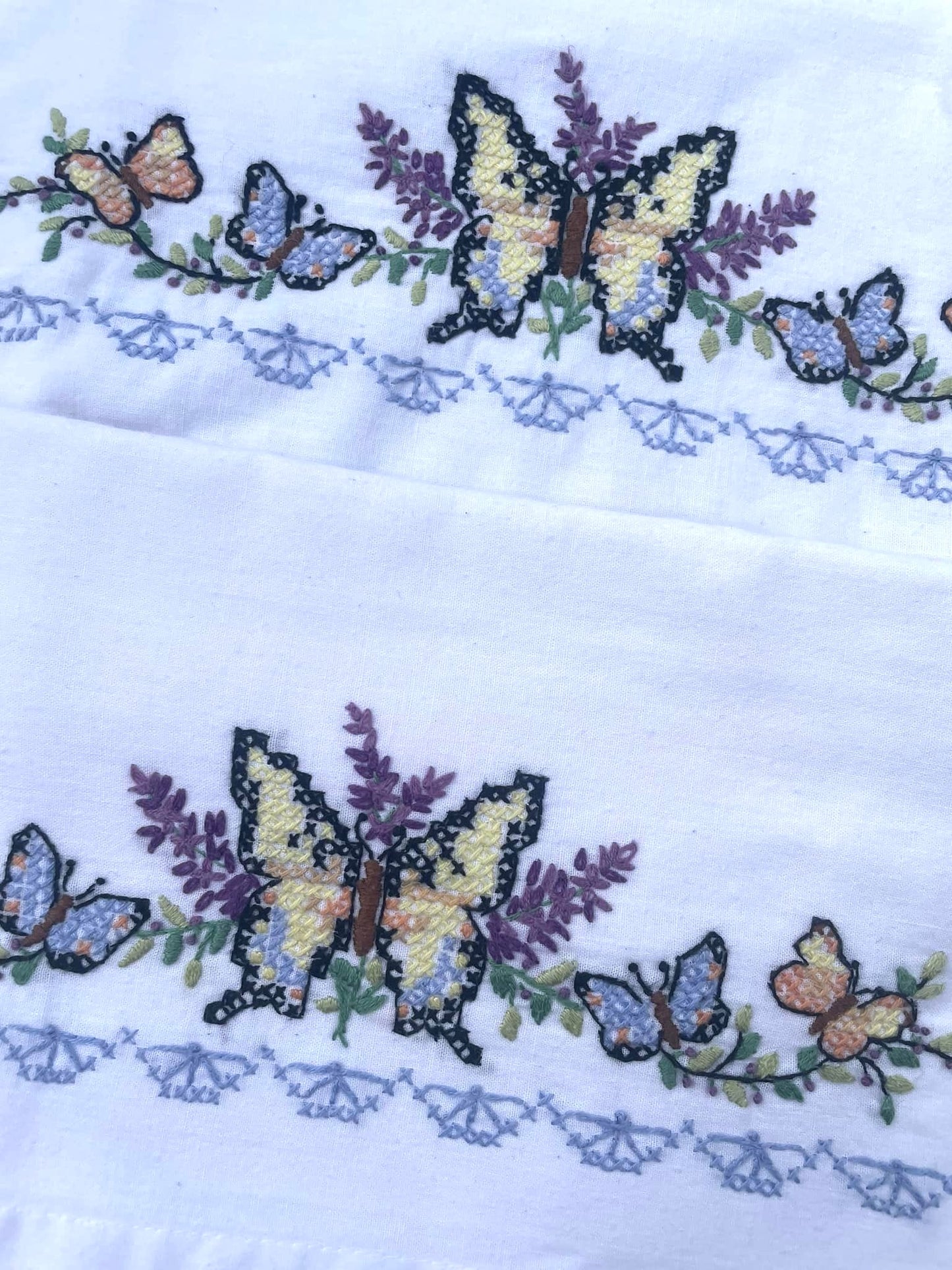 Set of 2 Vintage Cross-Stitched Pillowcases