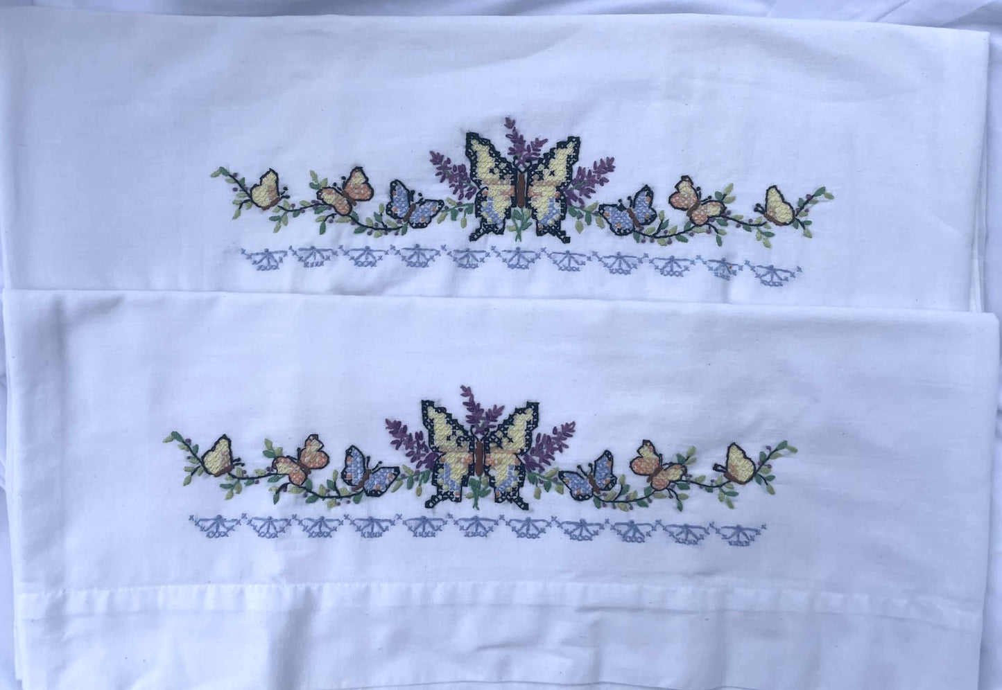 Set of 2 Vintage Cross-Stitched Pillowcases