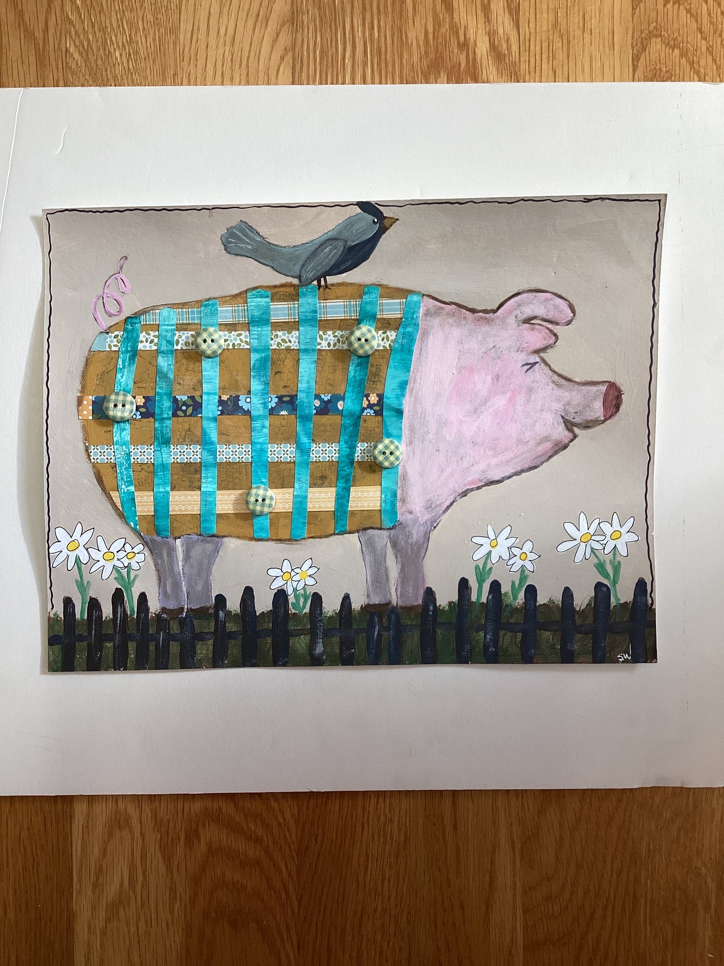 Patchwork Pig Mixed Media Art