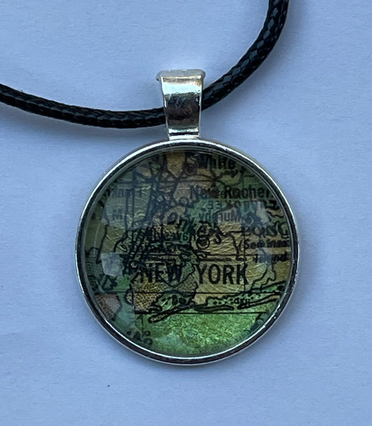 Silver New York City map pendant with black cord necklace